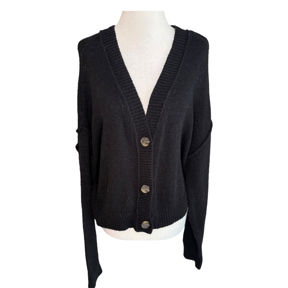 Abound Womens Cardigan Sweater Small Black V Neck Button Front Knit Cotton Blend